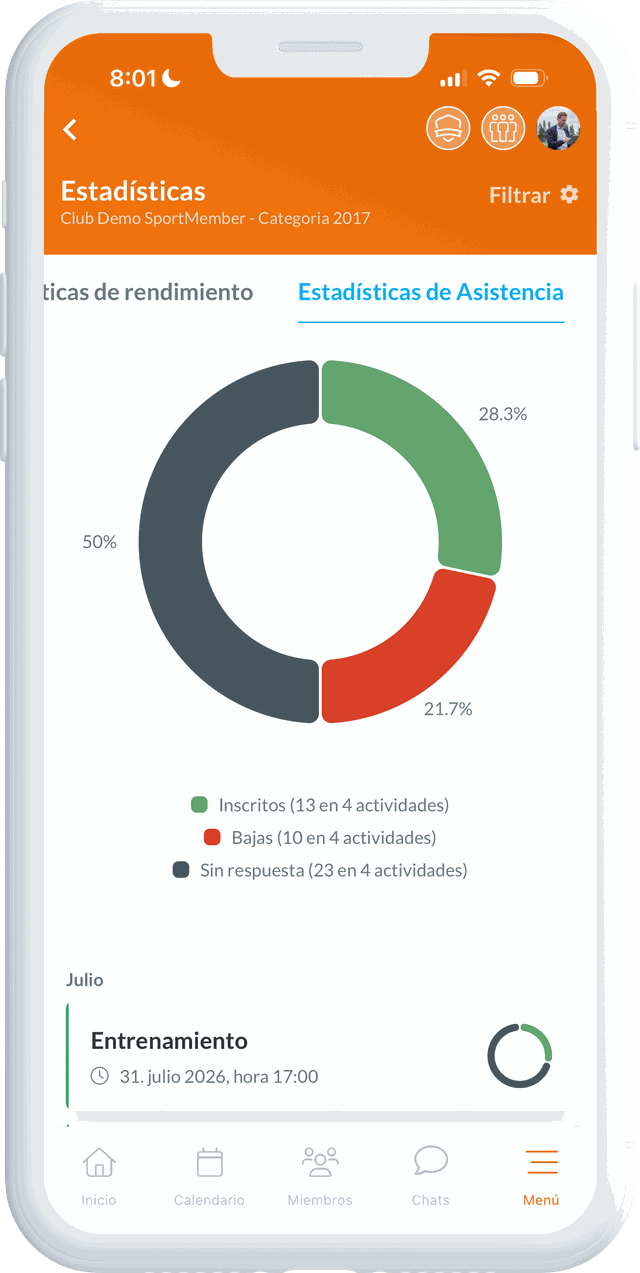 Las estadísticas de asistencia en la app de SportMember